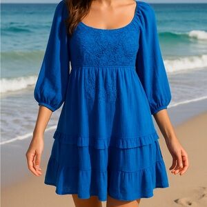 J. Gee Blue Lace Bodice Boho Tiered Dress | Large